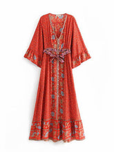 Beachwear Floral Print Red Color Cotton Long Length Gown Kimono Duster Robe